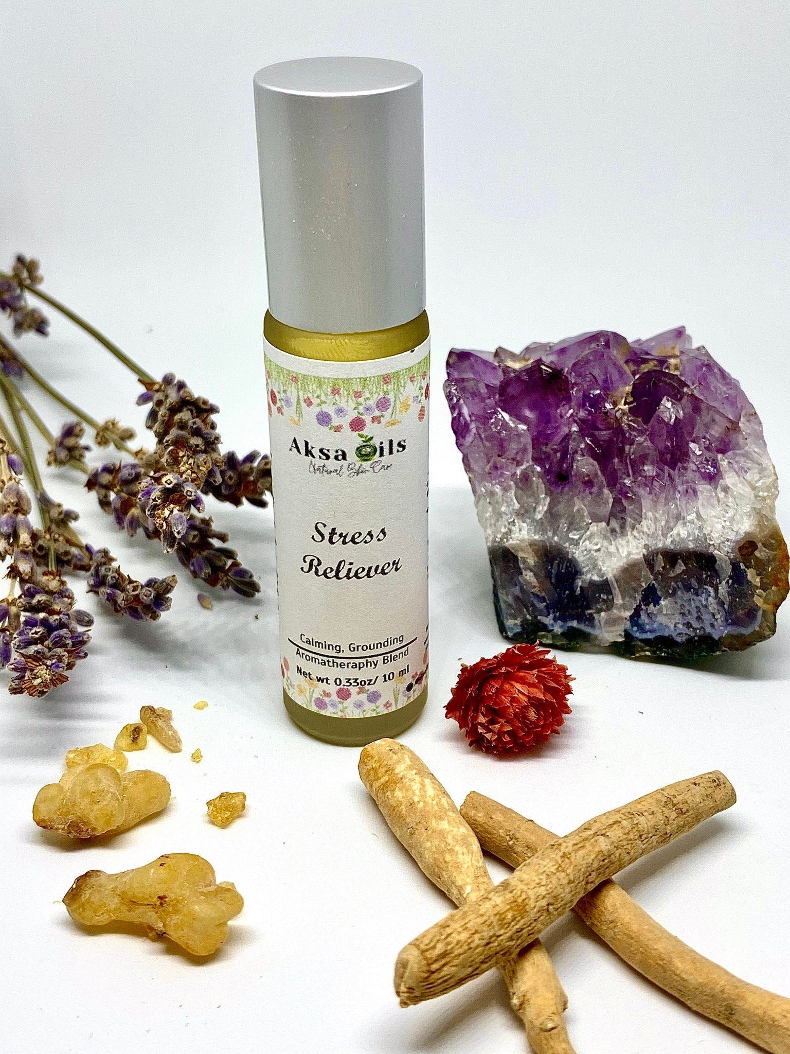 Herbal Stress Reliever, Natural Calming & Grounding, Anxiety Ease, Relaxing Aromatherapy and Ayurveda Gift, Vegan - AksaOils
